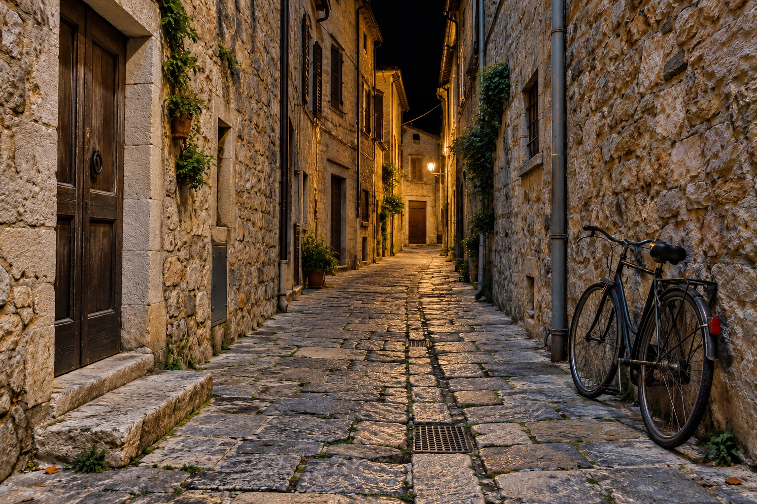 Illustration d’une ruelle très sombre en pleine nuit : pavés, marche et vélo rendus plus lisibles par l’amélioration de l’image